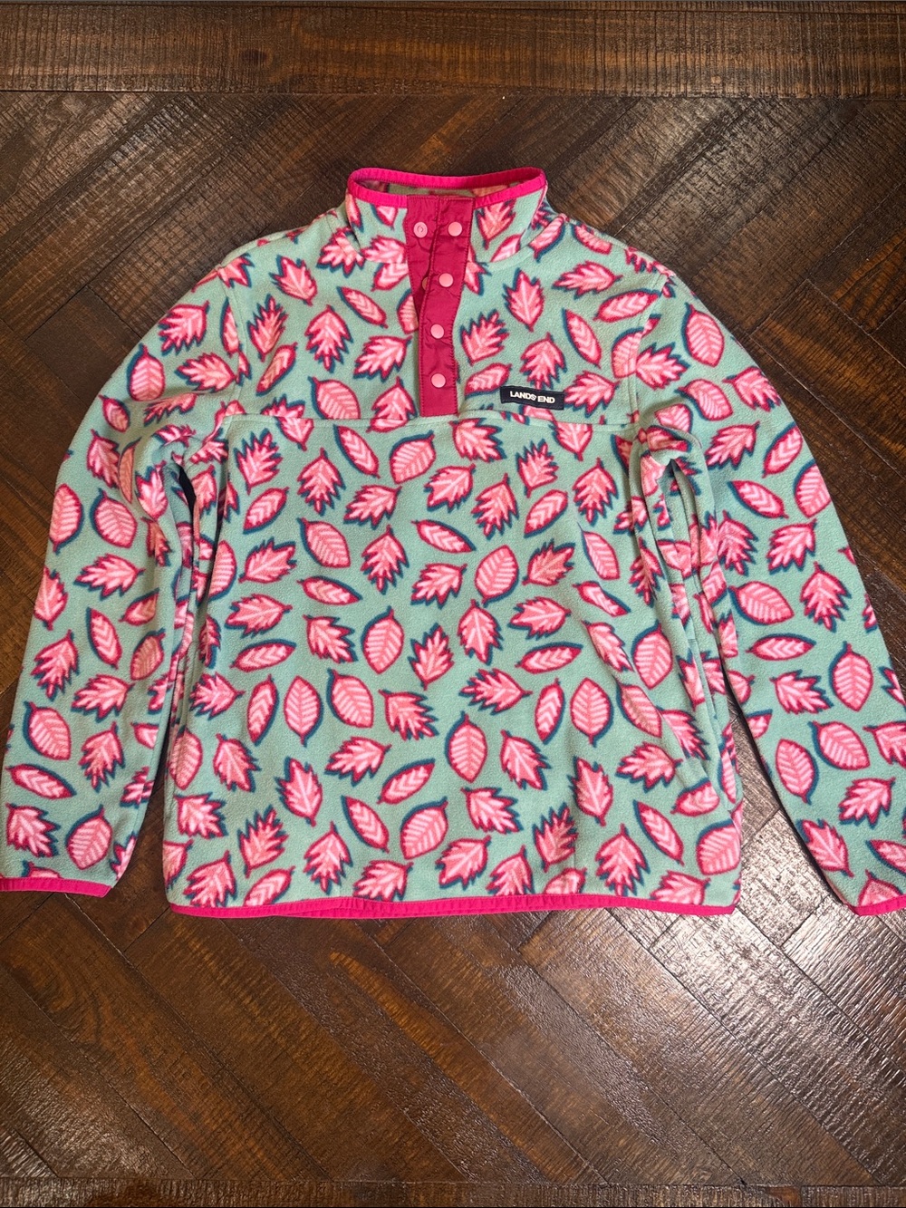 Lands’ End Girls L 10-12 Leaf Print Fleece Snap Pullover Pink Aqua